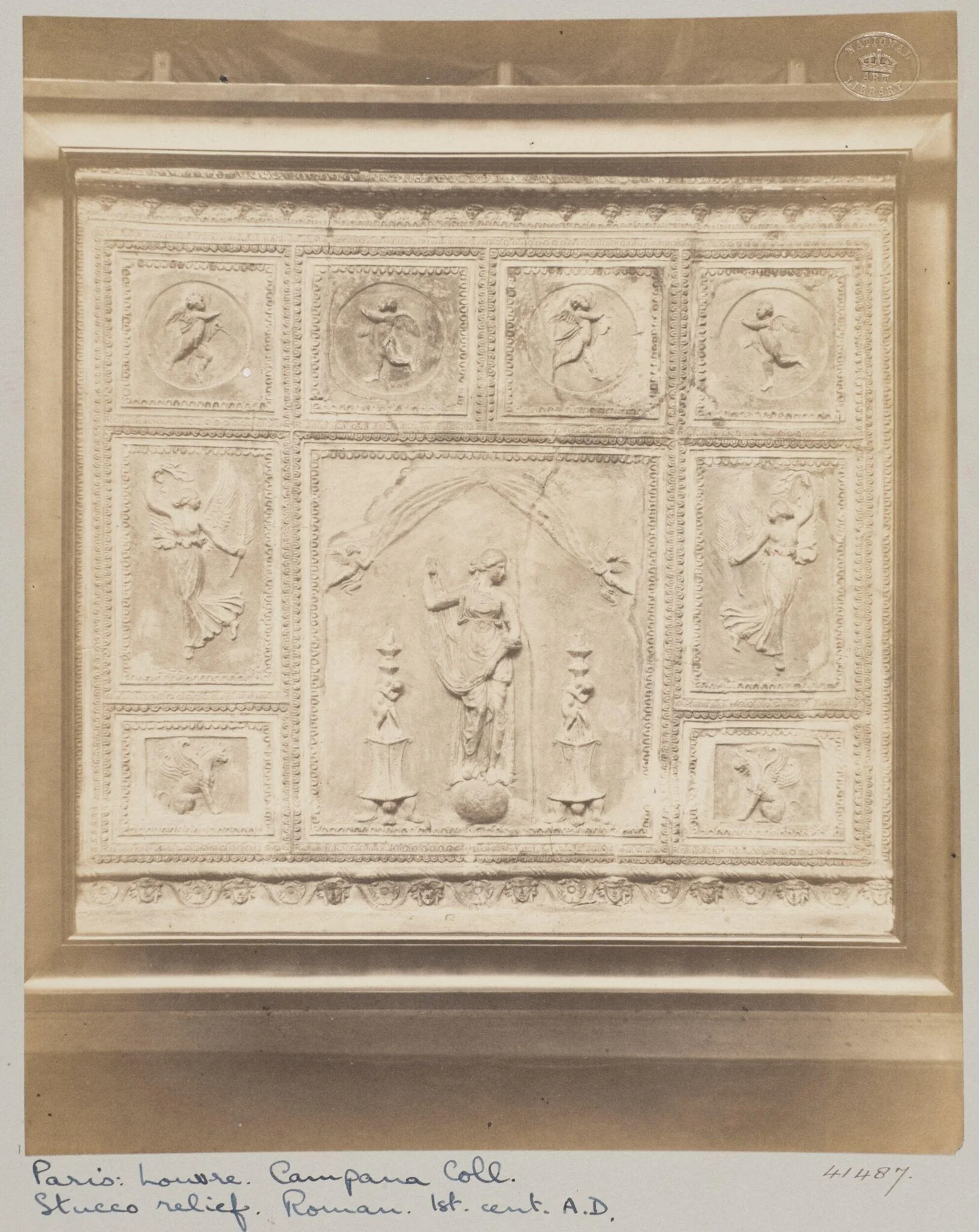 Venus standing on a ball surrounded by Ambrini, two figures of Victory and two griffins, bas-relief in coloured stucco, by Louise Laffon, photographic, 1864
