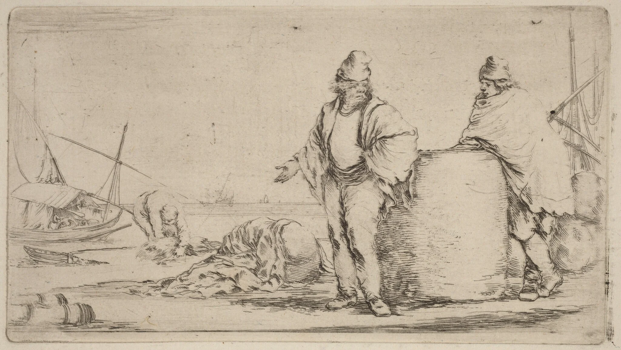 Two Sailors Standing near a Large Bale of Merchandise, by Stefano Della Bella, ink, 1637