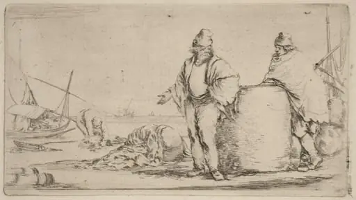Two Sailors Standing near a Large Bale of Merchandise