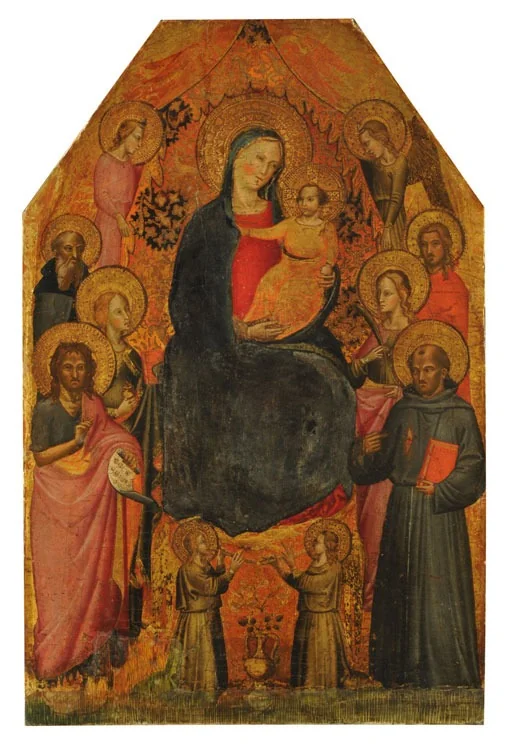Virgen y Niño rodeados de santos y ángeles, by Niccolò di Tommaso, tempera, 1350