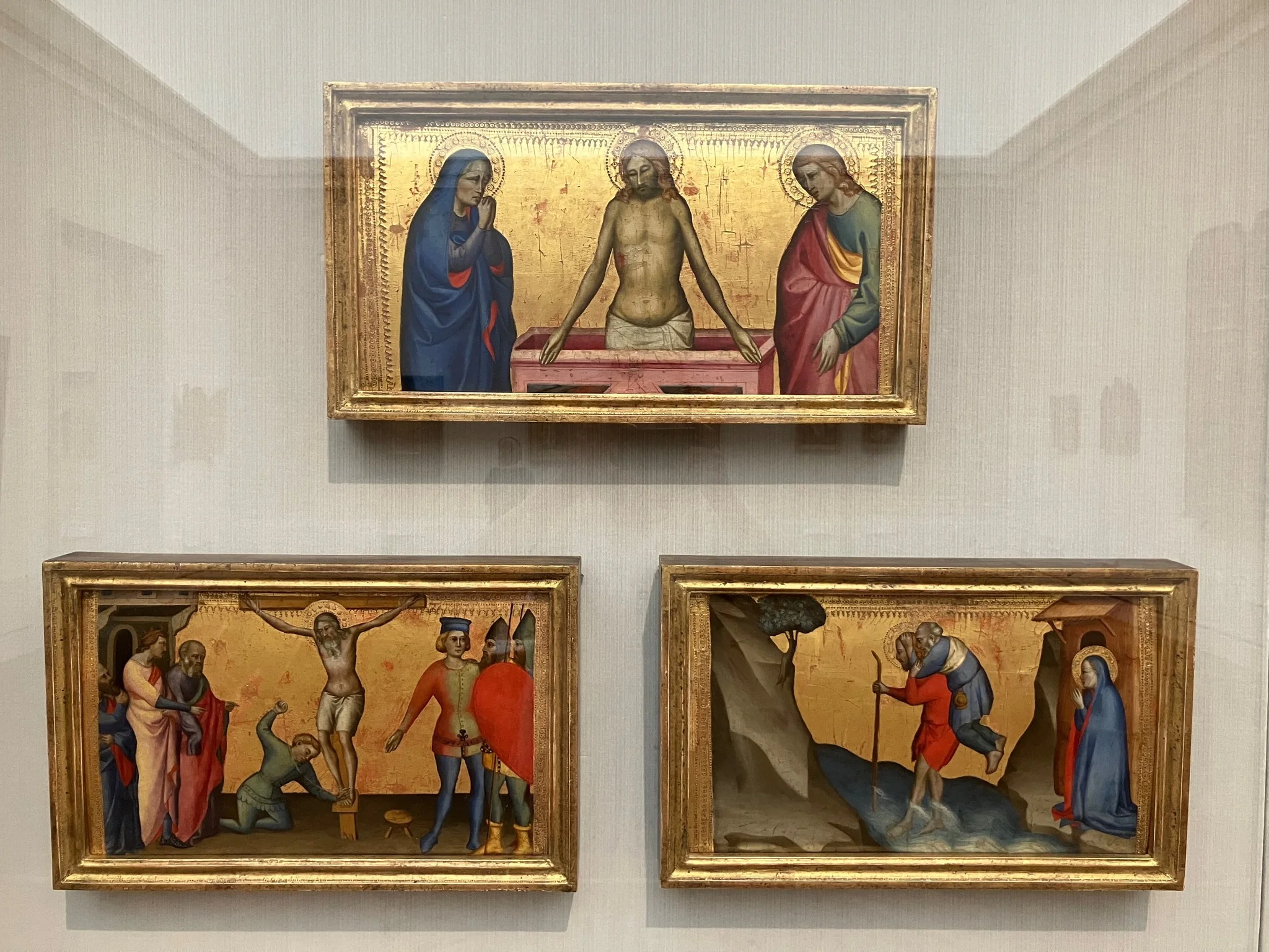 Three parts of a predella, by Giovanni del Biondo, paint, 1365