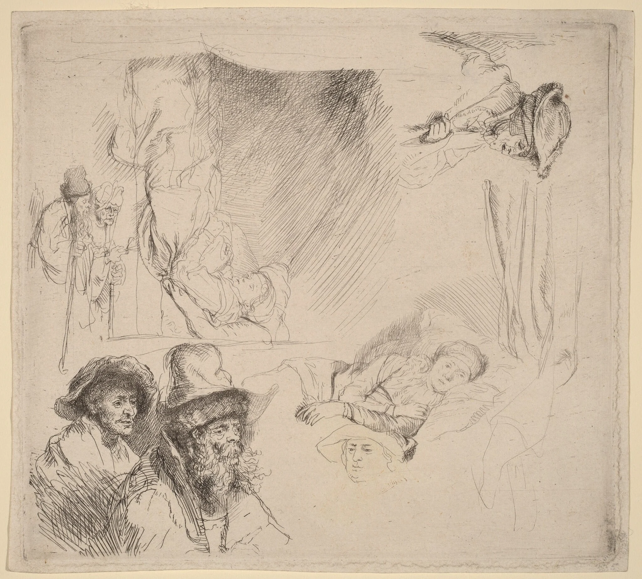 Sheet of Studies including a Woman Lying Ill in Bed, by Rembrandt, ink, 1642