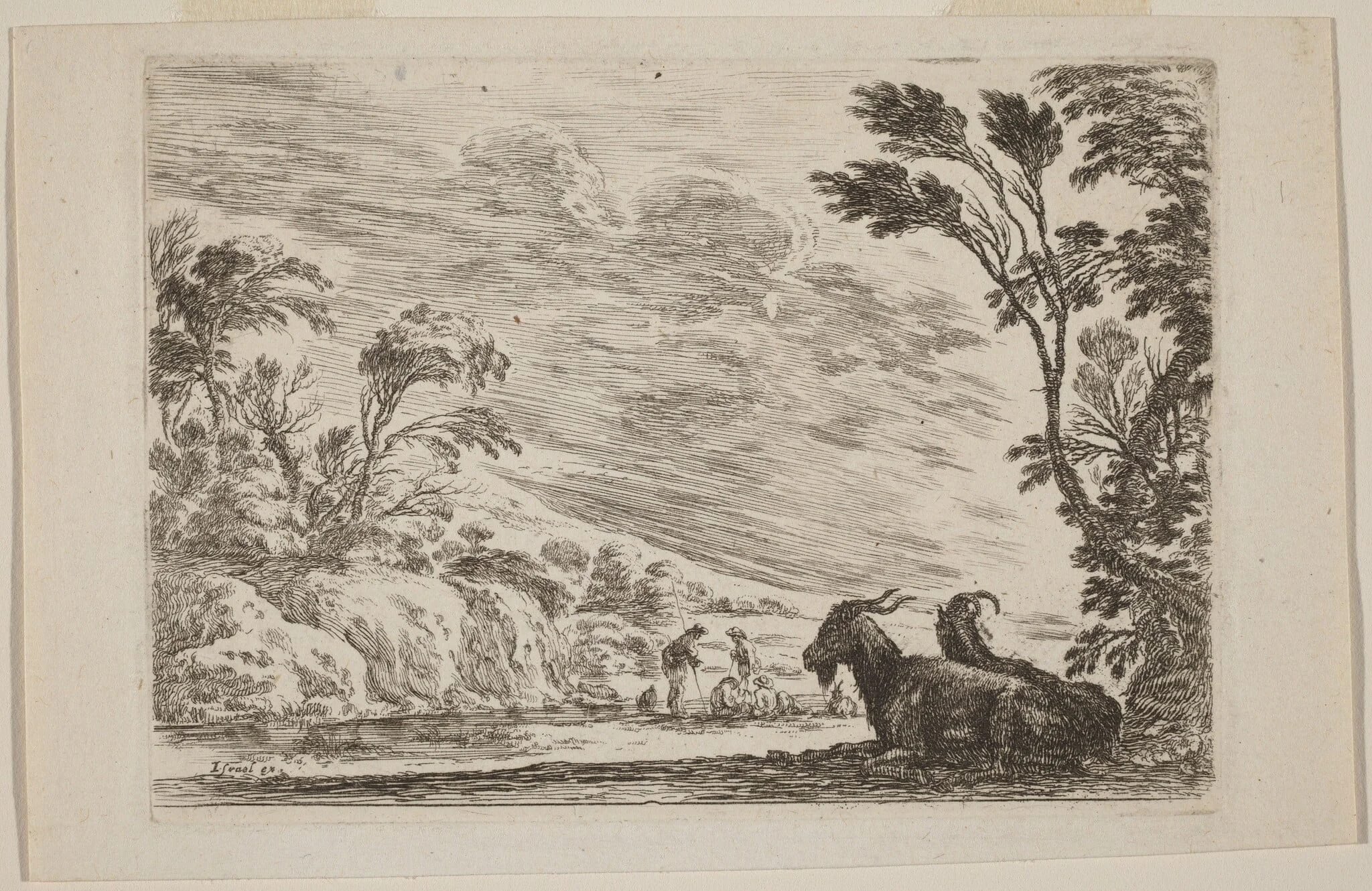 Two Goats Lying Down, by Stefano Della Bella, ink, 1642