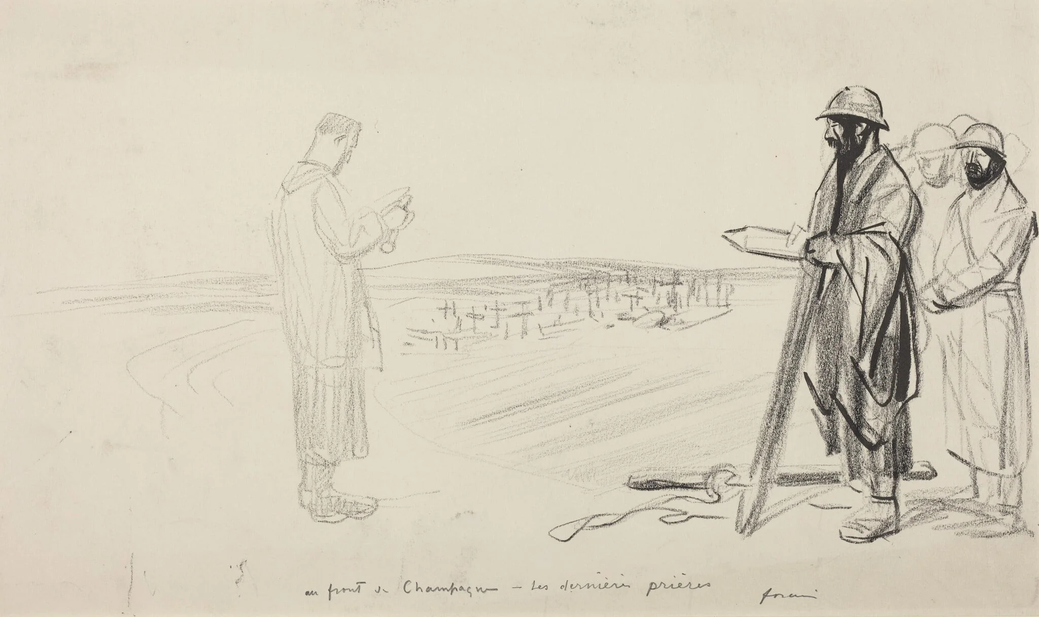 Au front de Champagne - Les dernieres prieres, by Jean-Louis Forain, ink, 1916