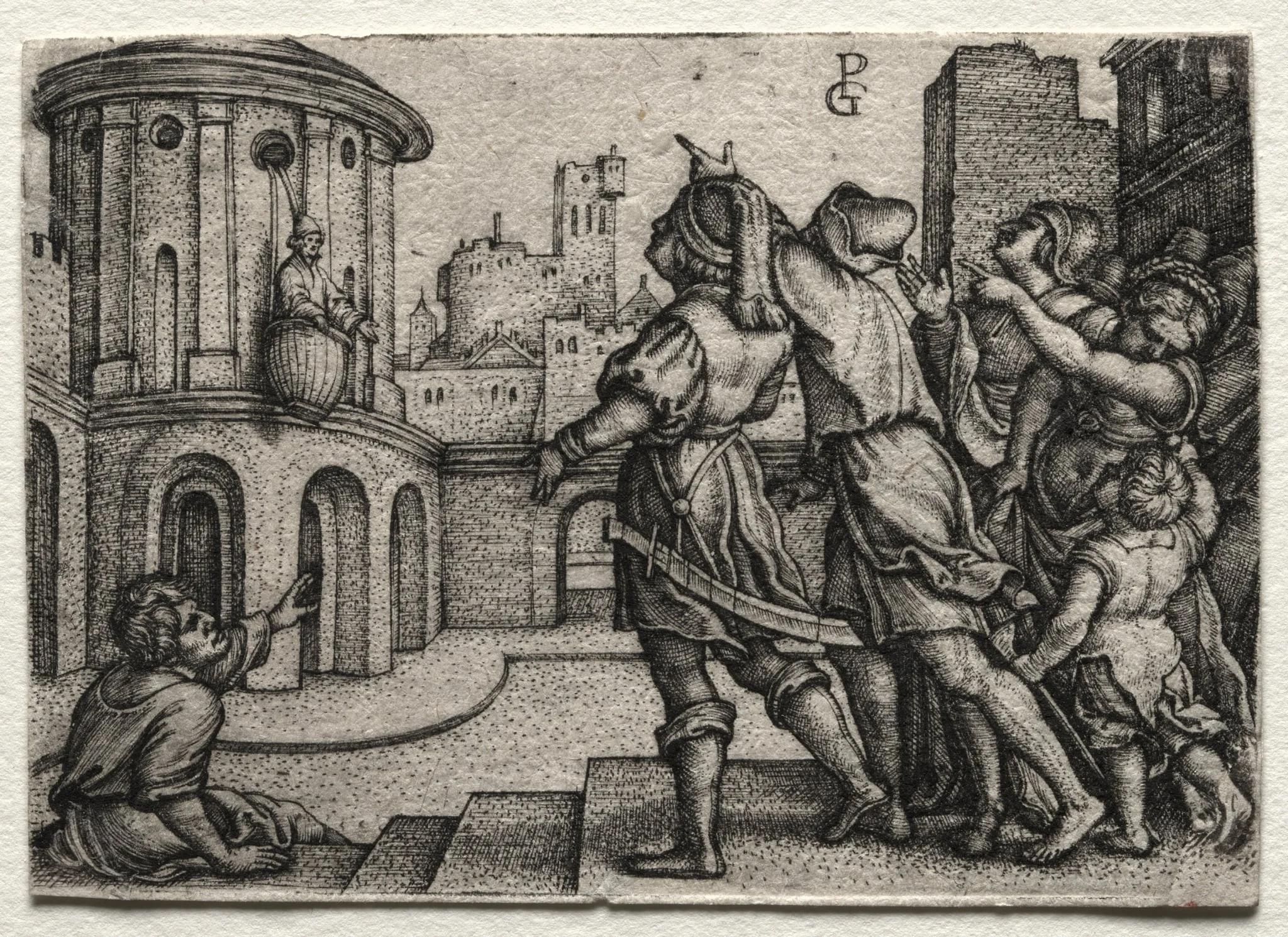 Virgil hanging in a Basket, by Georg Pencz, 1542
