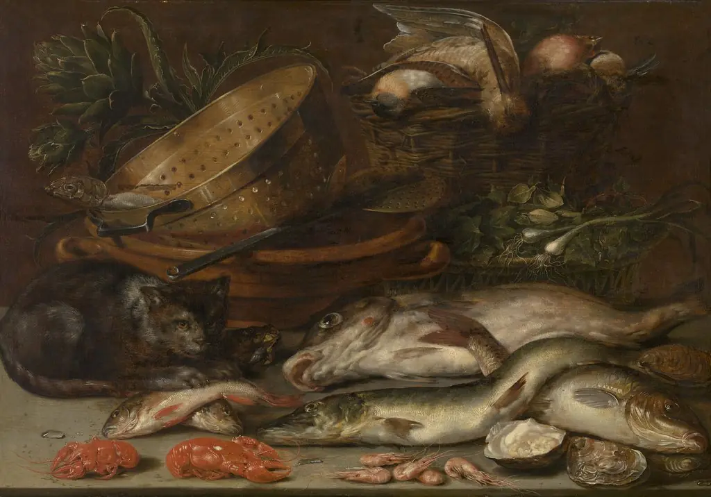 Still life of fish, dead birds, vegetables, kitchenware and a cat