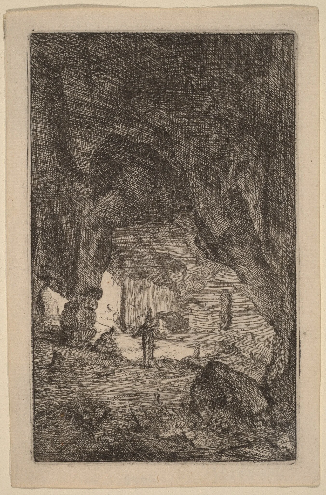 Grotto with Friars, by Bartholomeus Breenbergh, ink, 1640