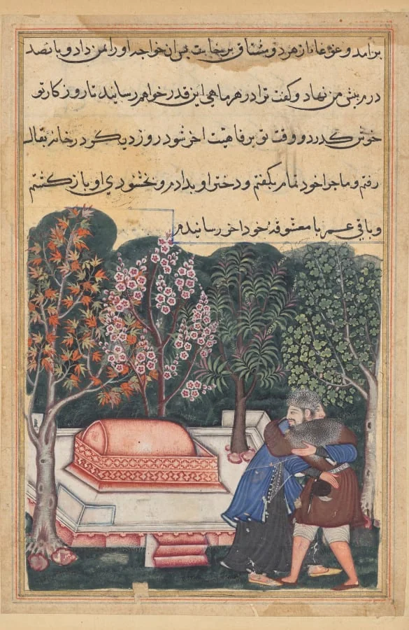 The young man of Baghdad reunited with his slave-girl, from a Tuti-nama (Tales of a Parrot): Forty-eighth Night, by Unknown, unspecified, 1560