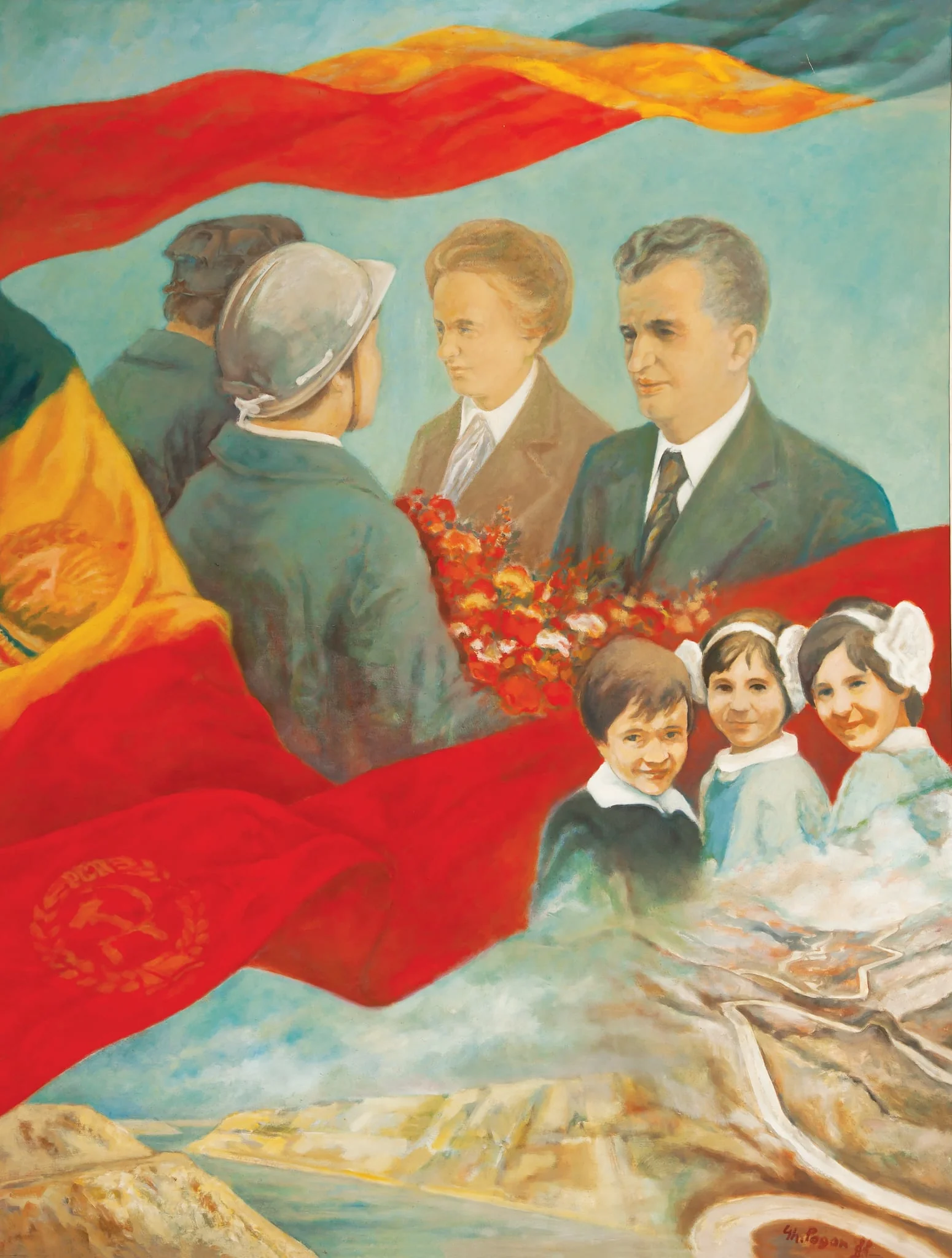 Tablou „Omagiul Președintelui Țării”, ulei pe pânză; semnat Gheorghe Pogan și datat în partea dreaptă jos. Tabloul îi prezintă pe soții Ceaușescu întâmpinați cu flori de două personaje masculine (un miner și un petrolist), învăluiți de tricolor și steagul PCR. În dreapta lui Nicolae Ceaușescu (dreapta tabloului) trei elevi. Partea de jos a tabloului este completată cu reprezentarea Transfăgărășanului și a Canalului Dunăre - Marea Neagră. Comandat și oferit de Comitetul Județean de Partid Hunedoara (1988).
