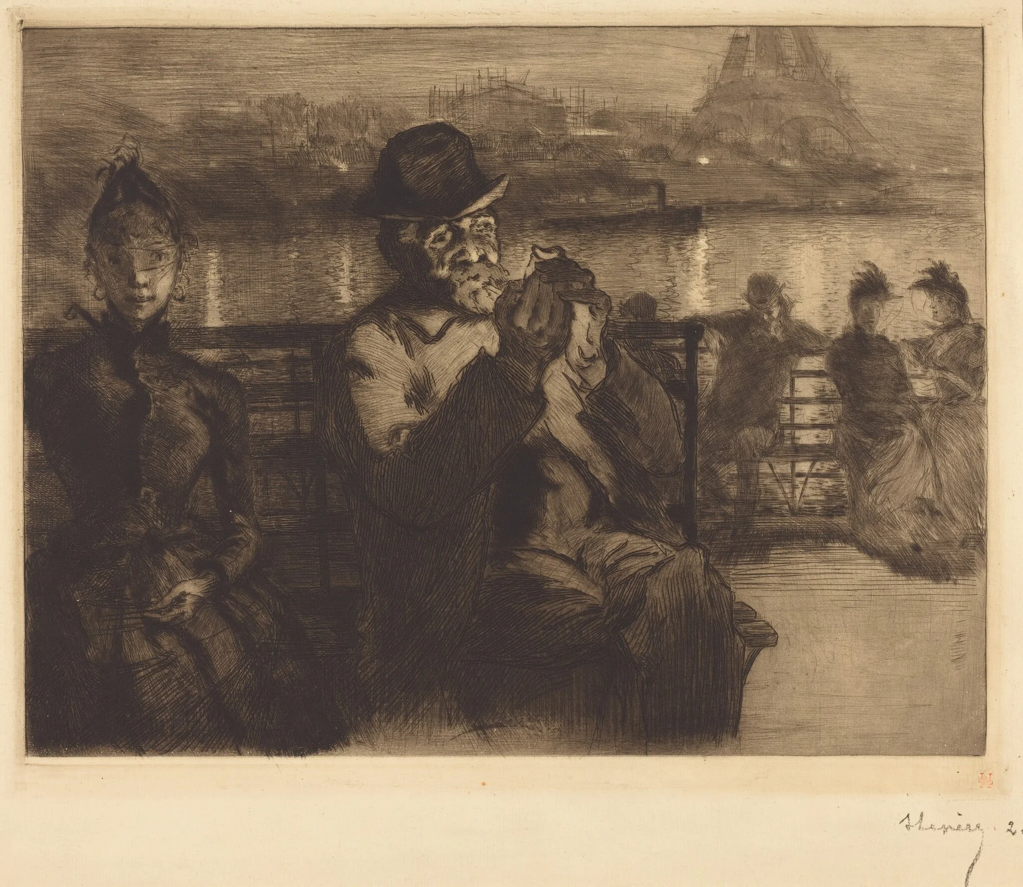 Sur la Seine, la nuit, by Auguste Lepère, ink, 1888