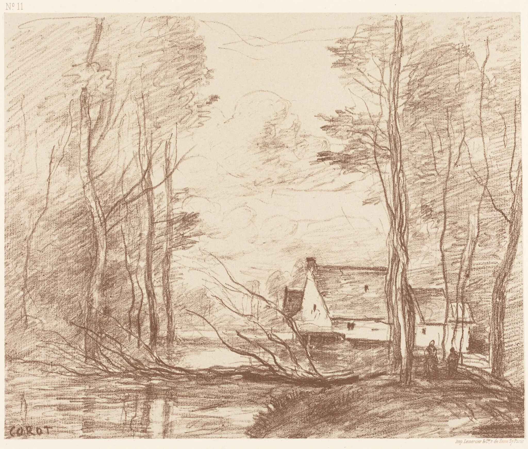 The Mill of Cuincy, near Douai (Le Moulin de Cuincy, pres Douai), by Jean Baptiste Camille Corot, ink, 1871
