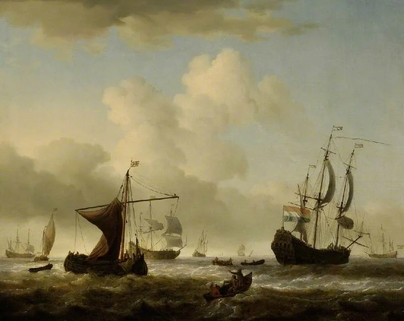 Dutch men o'war and other shipping in choppy seas, by Willem van de Velde the Younger, oil, 1680