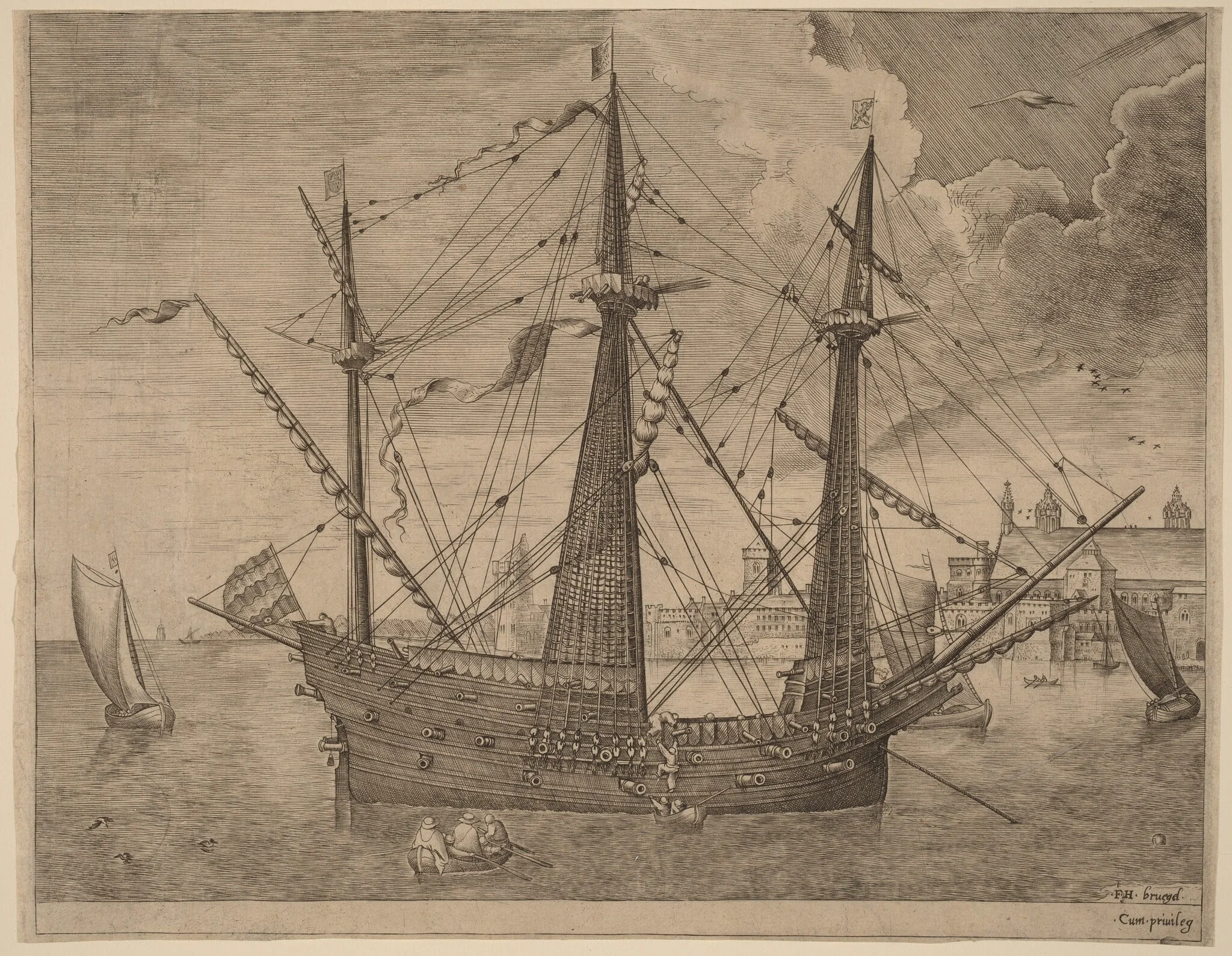 Armed Three-Master Anchored near a City, by Frans Huys, ink, 1565