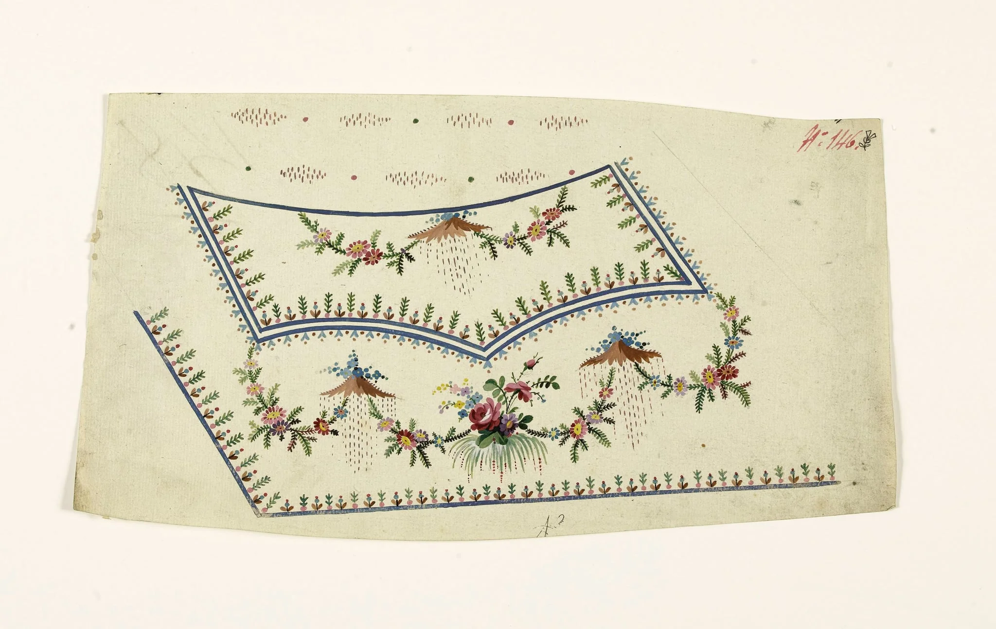 Composition avec bouquet et guirlandes de fleurs, bleuets sur tertres et frises de fleurs stylisées, projets de broderies de gilet, XVIIIème siècle