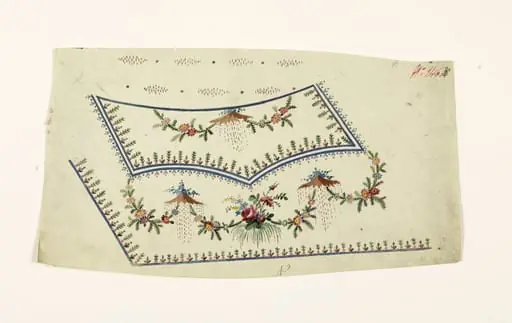 Composition avec bouquet et guirlandes de fleurs, bleuets sur tertres et frises de fleurs stylisées, projets de broderies de gilet, XVIIIème siècle