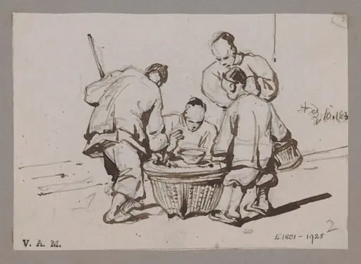 Chinese figures around a covered basket