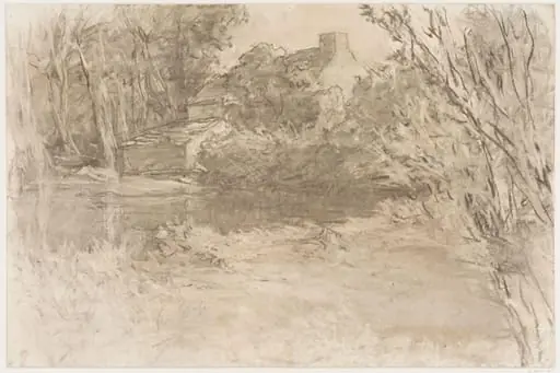 Cottage among trees, with a pond in front.