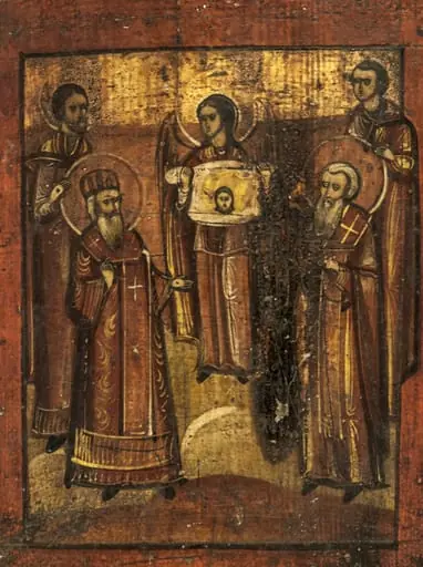 Sfânta Mahramă este, conform sfintei Tradiții, cea mai veche icoană a lui Hristos, nefăcută de mâna omului. Sfântul Ioan Damaschin(filozof, teolog și iconograf din sec VIII) descrie originea acesteia în Dogmatica ortodoxă: Se știe din tradiție că pe când Avgar era regele Edessei, a trimnis un pictor să picteze chipul Domnului, dar din pricină că pictorul nu a putut să -l picteze din cauza luminii strălucitoare a feței, Domnul Însuși , punând haina pe obrazul Lui dumnezeiesc și de viață făcător, s-a imprimat pe haină chipul Lui și astfel a trimis-o lui Avgar, care îl dorea. Deși inscripțiile nu mai ajută la identificarea exactă a momentului ilustrat, icoana ilustrează momentul în care sfânta Mahramă este adusă regelui Avgar. Un înger plasat în centrul compoziției arată mahrama cu chipul lui Iisus înconjurat de nimbul cruciger. De o parte și de alta, plasați simetric, un episcop și un preot în vârstă, binecuvântând, în spatele lor regele, în pandant un personaj fără nimb, toți privind către chipul lui Hristos imprimat pe țesătură. Conform unei legende, chipul lui Hristos s-a imprimat și pe mahrama cu care Veronica i-a șters chipul în timpul patimilor. Compoziția este narativă, echilibrată, chipurile expresive. Cromatica specifică icoanelor de tip krasnushka, tonuri de pământ în combinație cu fondul foiței aurii(fond -1/4 superior). Bordura brun roșcată, lată, delimitat prin linii negre.Icoana prezintă urme de arsură.