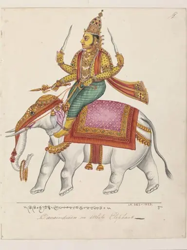 Indra, the god of storms, riding on a white elephant, Airavata.