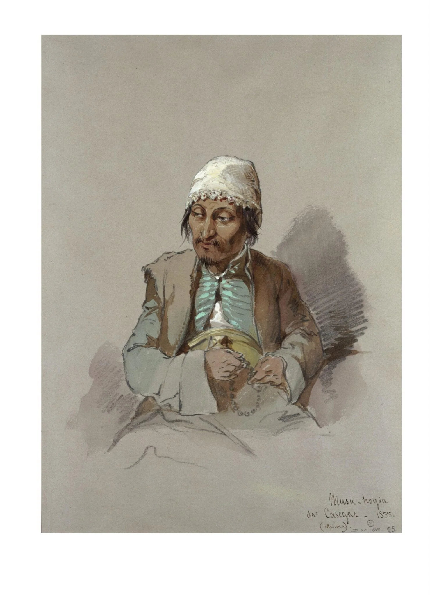 Portrait of Musa, a Hoca from Kashgar, by Aloysius Rosarius Amadeus Raymondus Andreas Preziosi, watercolor, 1855