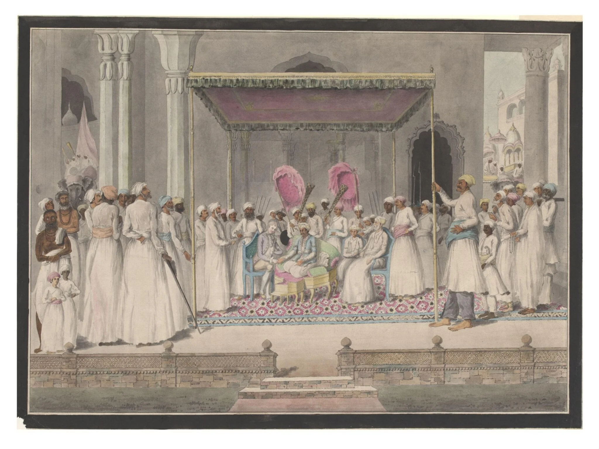 Mubarak ud-Daula, Nawab of Murshidabad, in durbar with the British Resident, Sir John Hadley D'Oyly, by Unknown, paint, 1795