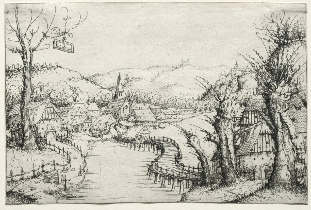 River Landscape with Three Bare Willow Trees at Right and a Long Winding Wooden Bridge at Center Leading to a Village, by Augustin Hirschvogel, 1546