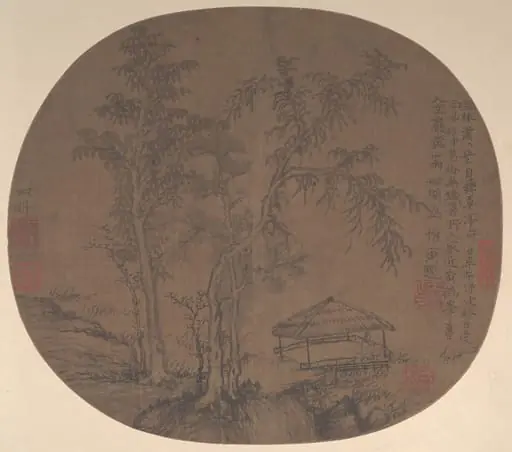 元    王蒙     蕭林寂亭圖    團扇|Sparse trees and pavilion