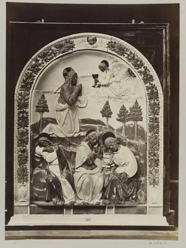 Altar piece depicting Christ in the Garden of Olives in enamelled earthenware