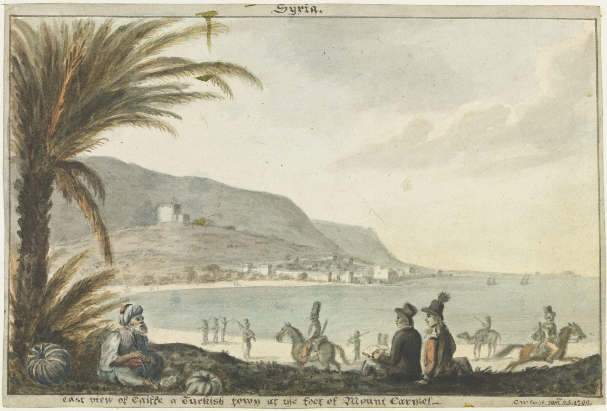 Syria. east view of Caiffe a Turkish town at the foot of Mount Carmel, by Cooper Willyams, watercolor, 1799