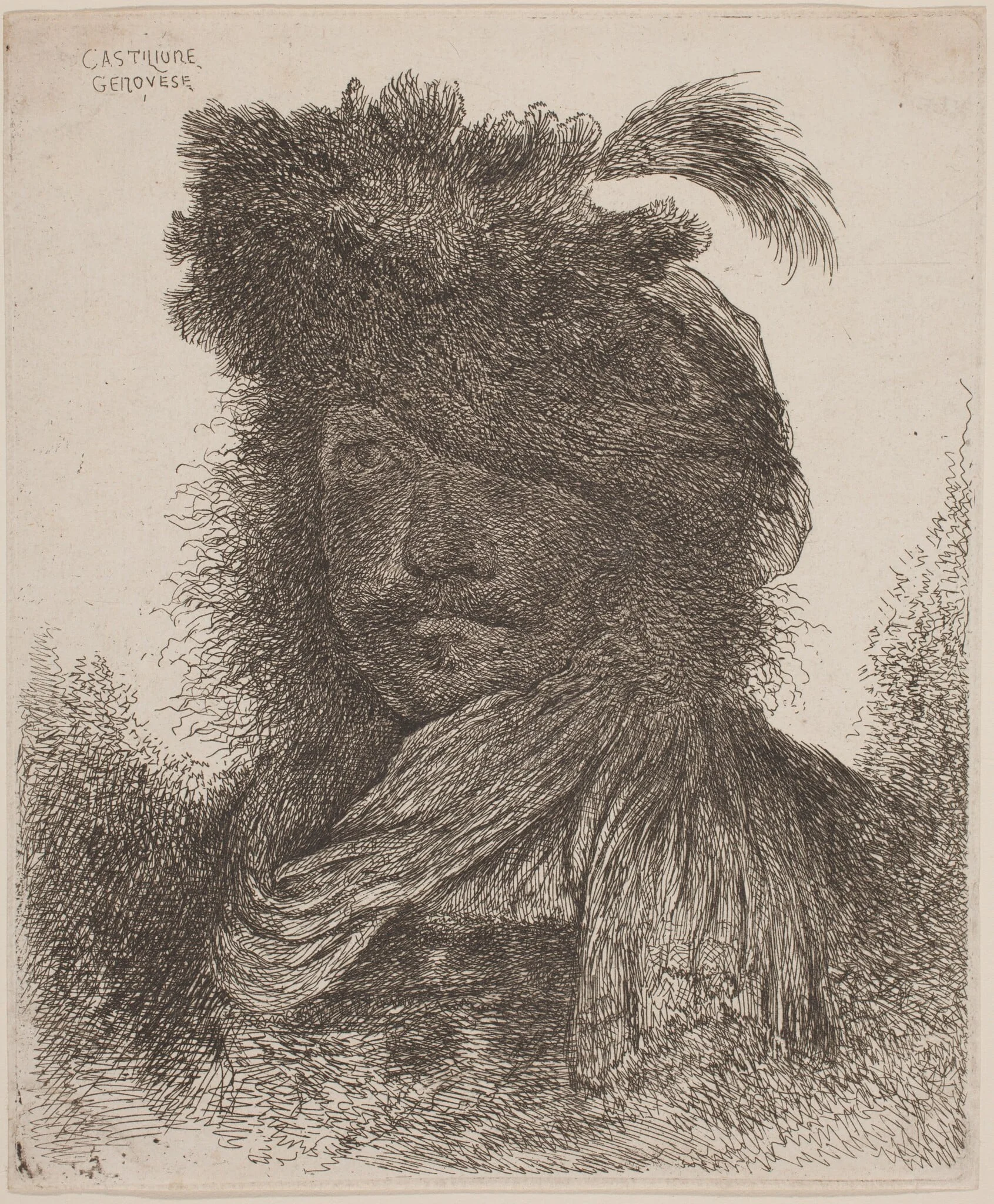Bearded Man with Shadowed Face, Wearing a Scarf and a Plumed Hat, by Giovanni Benedetto Castiglione, ink, 1646