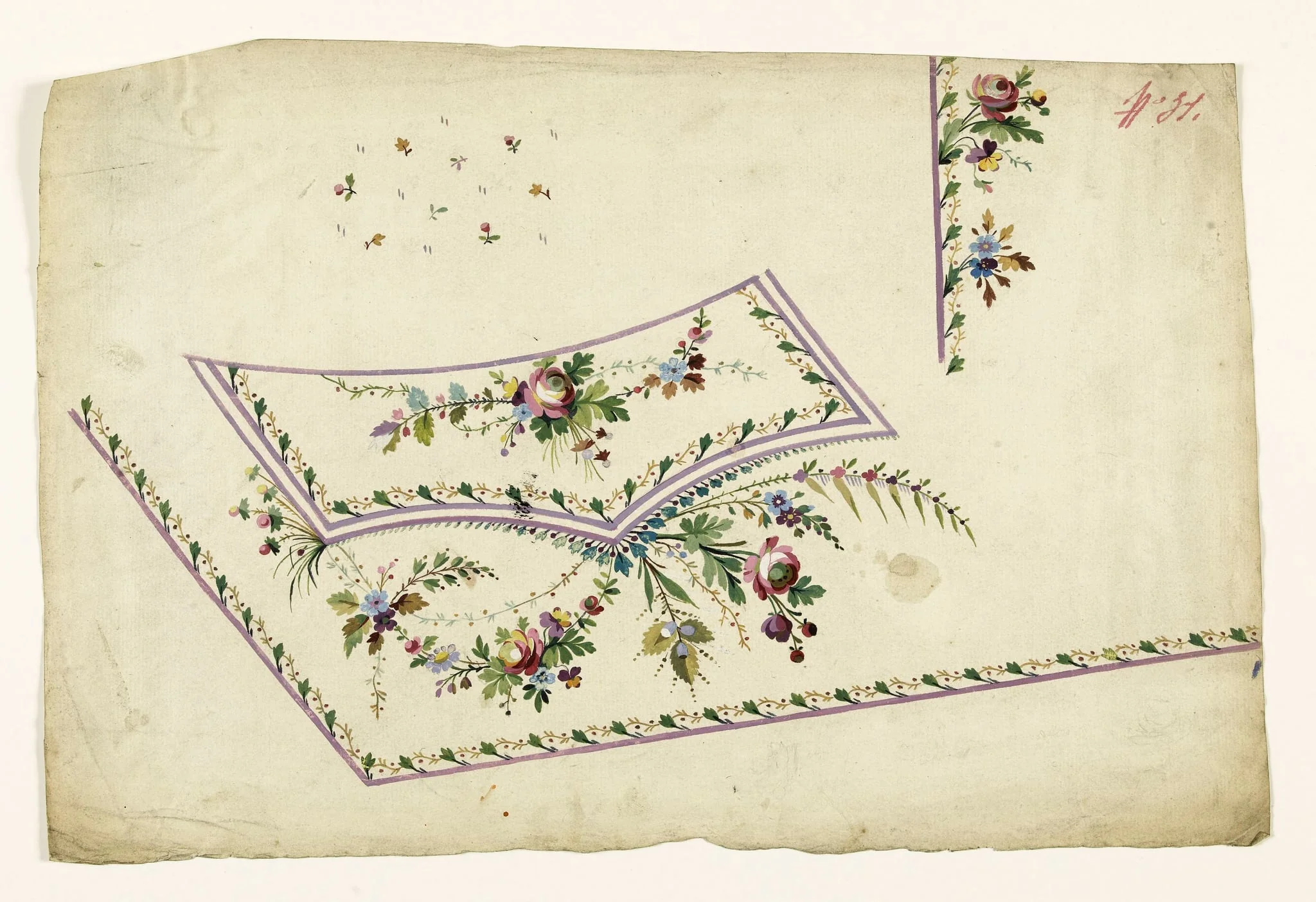 Composition de guirlandes de fleurs, frises de feuilles et de baies rouges, projets de broderies de gilet, XVIIIème siècle