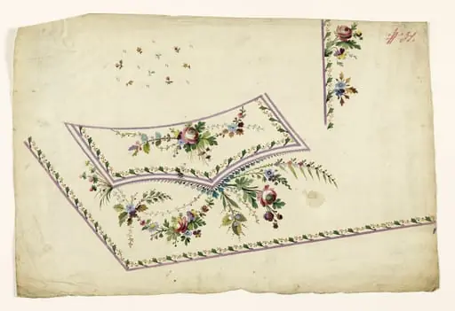 Composition de guirlandes de fleurs, frises de feuilles et de baies rouges, projets de broderies de gilet, XVIIIème siècle