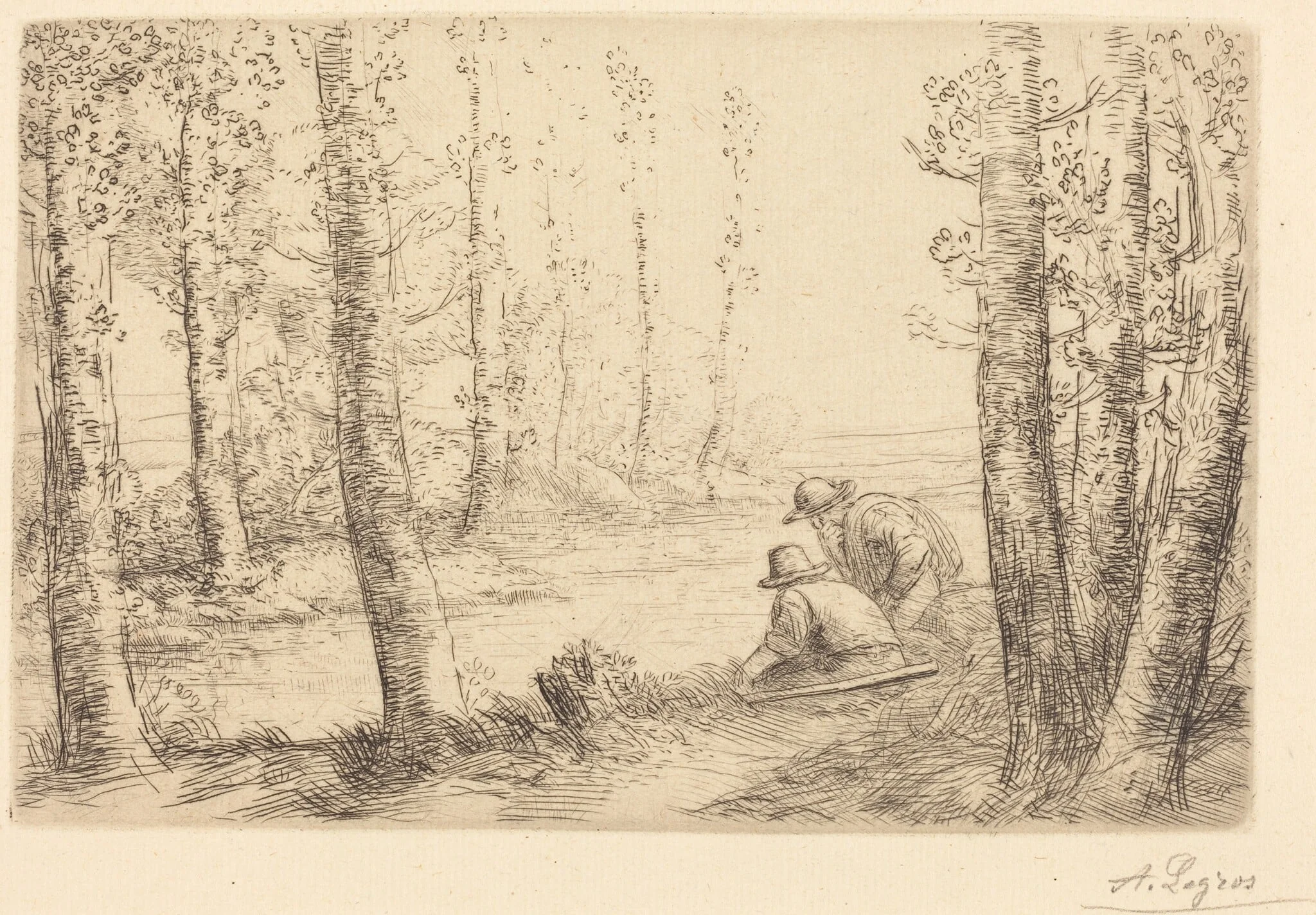Rest along the Banks of the River (Repos au bord de la riviere), by Alphonse Legros, ink, 1874