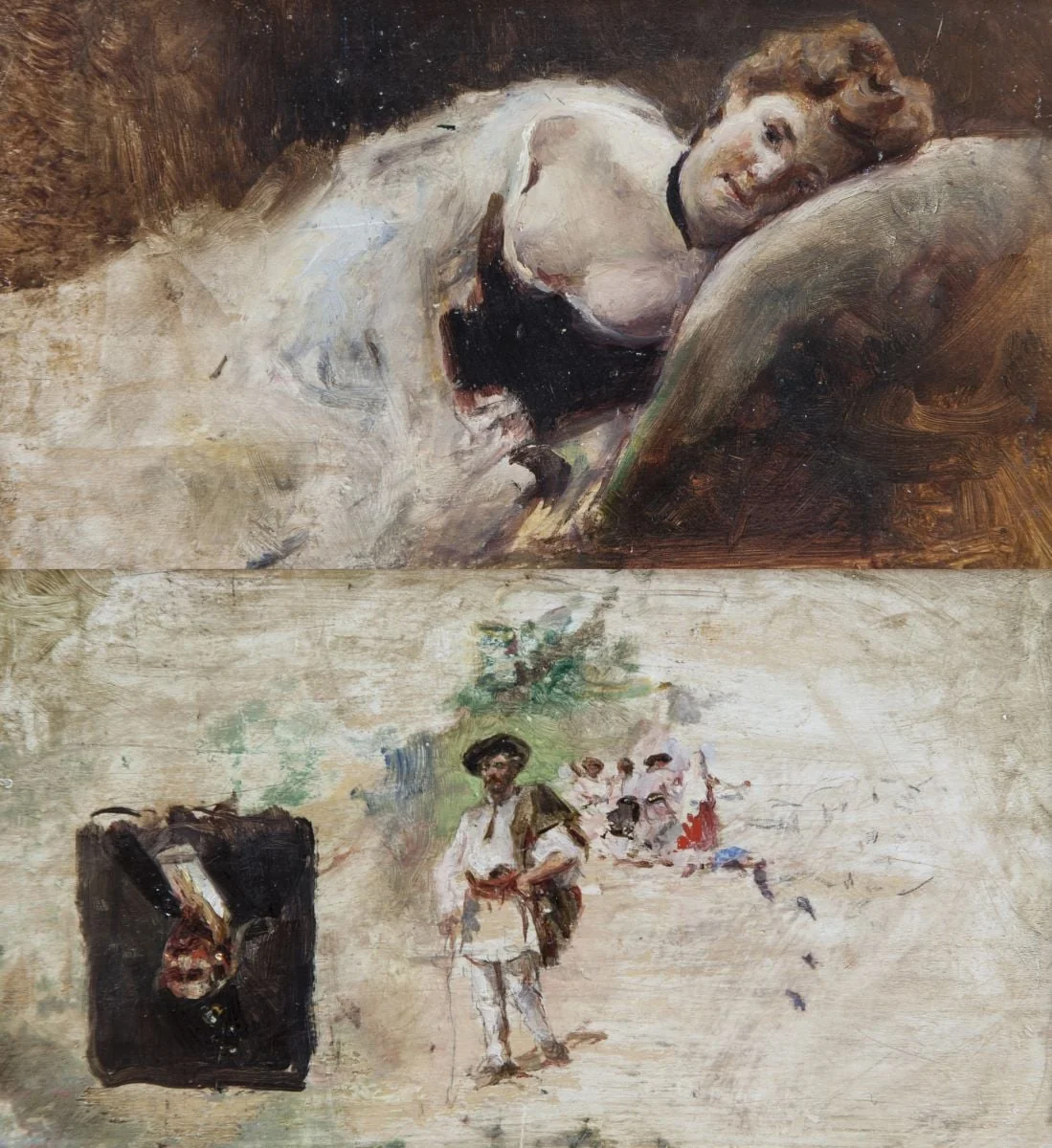 Femeie culcată. Verso, trei eboșe: Țăran cu suman, Studiu pentru Hora de la Aninoasa și Portret de răzeș, by Theodor Aman, 1850