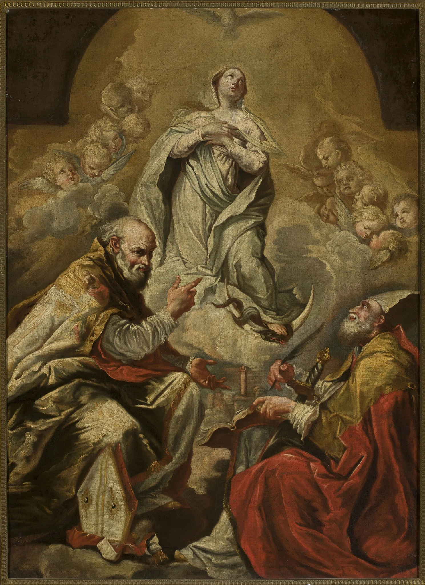Adoration of Virgin Mary by St. Petronius and Dionysius the Areopagite, by Giovanni Antonio Burrini, oil, 1701