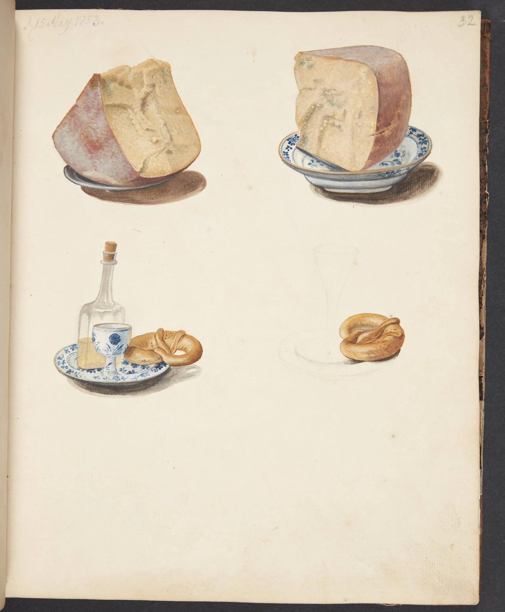 Opstilling med ost, snaps og brezel, by Unknown, unspecified, 1753