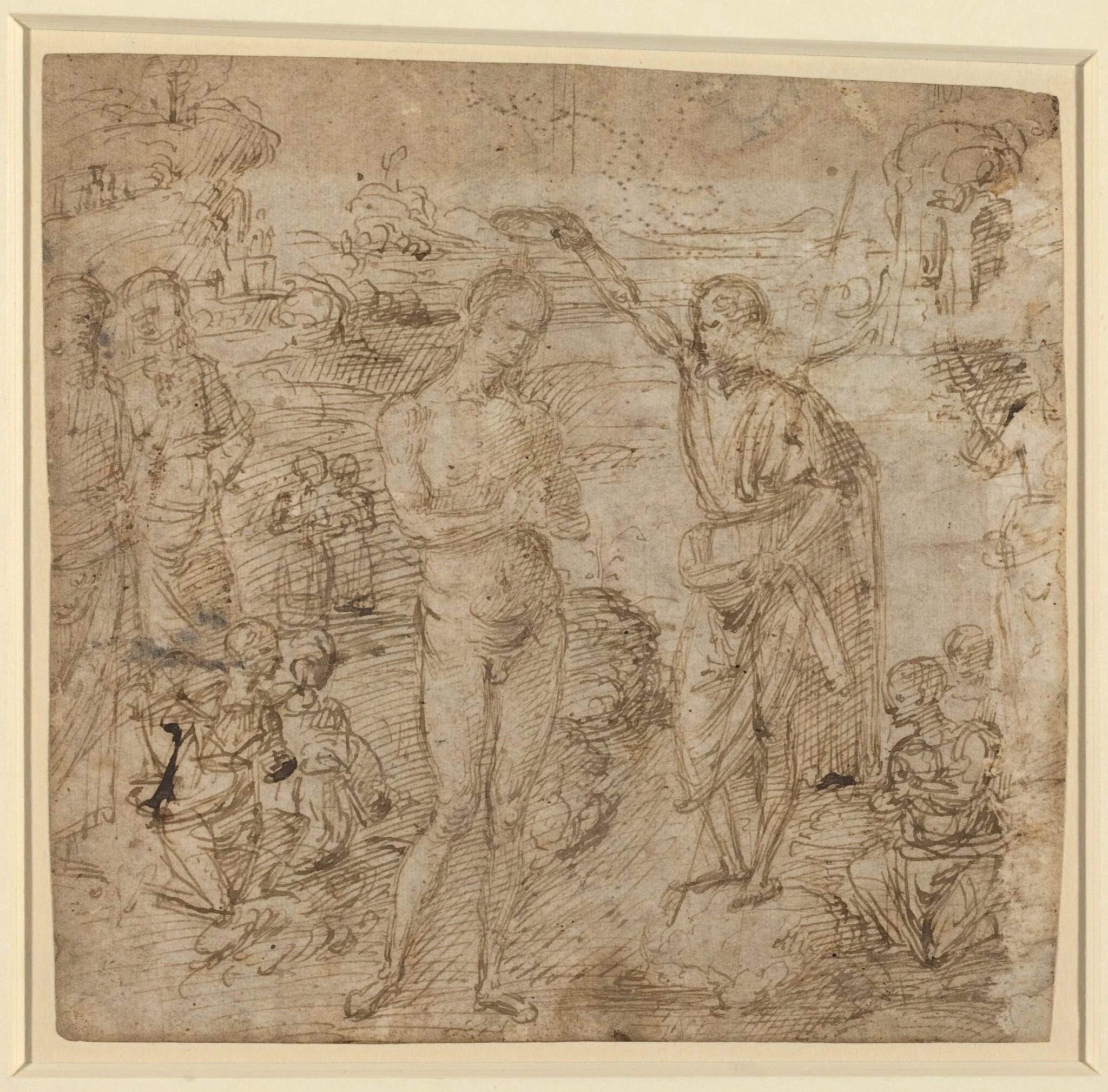a) The Baptism of Christ; b) Draped Figure Holding a Book and Man Wielding an Ax with a Figure, by Pietro Perugino, ink, 1475