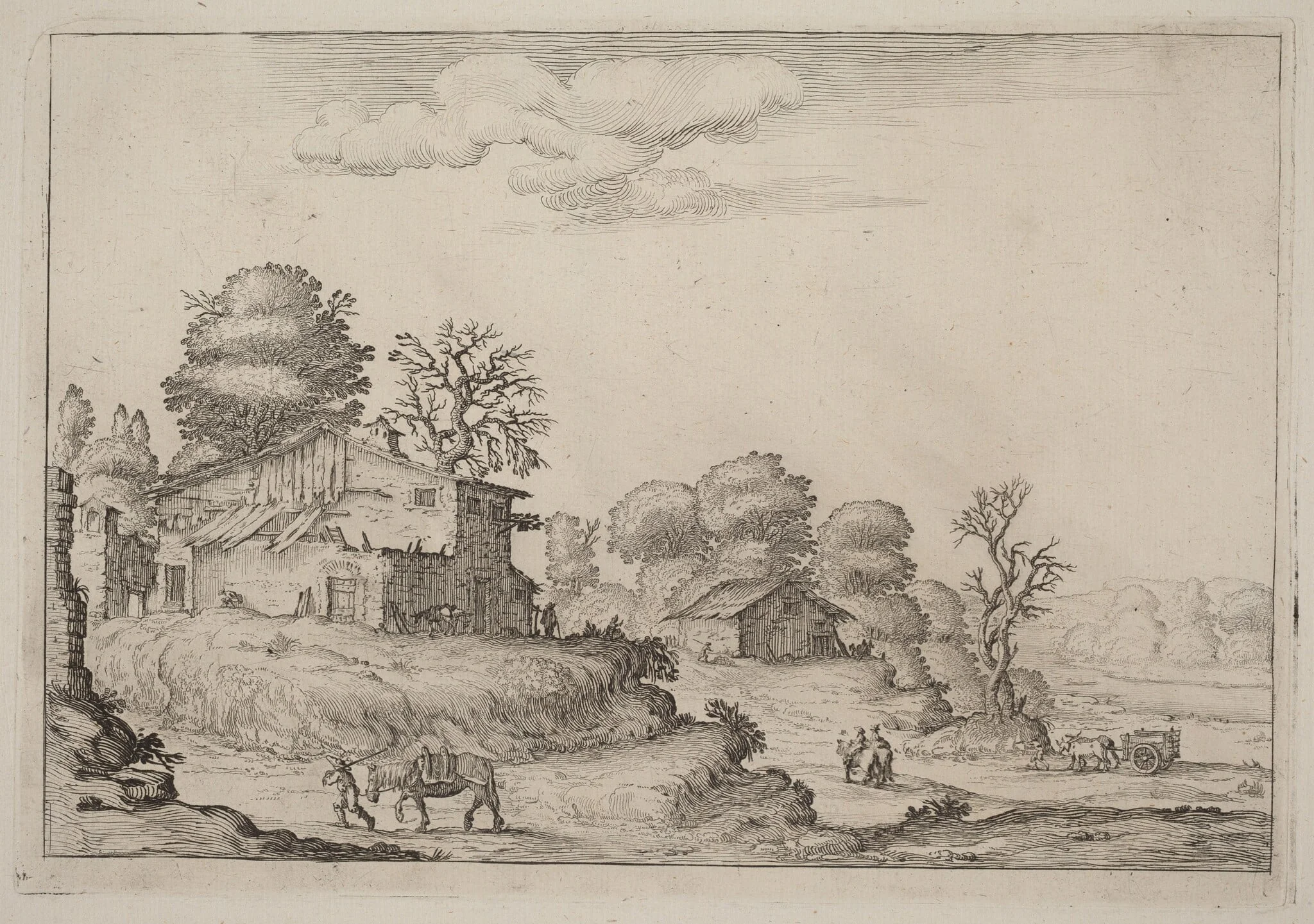 Rustic Landscape with Peasants and Horses, by Ercole Bazicaluva, ink, 1638