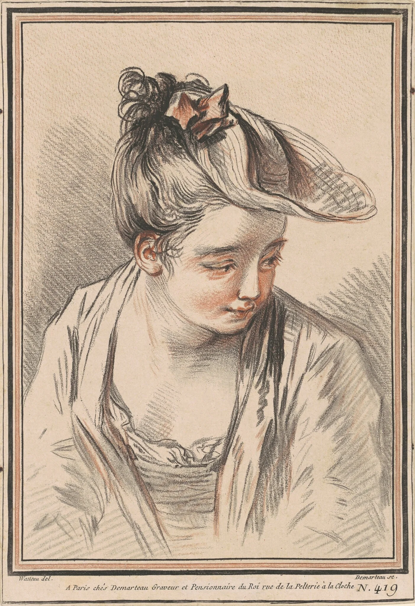 Head of a Young Woman Wearing a Hat, by Gilles Demarteau the Elder, chalk, 1773