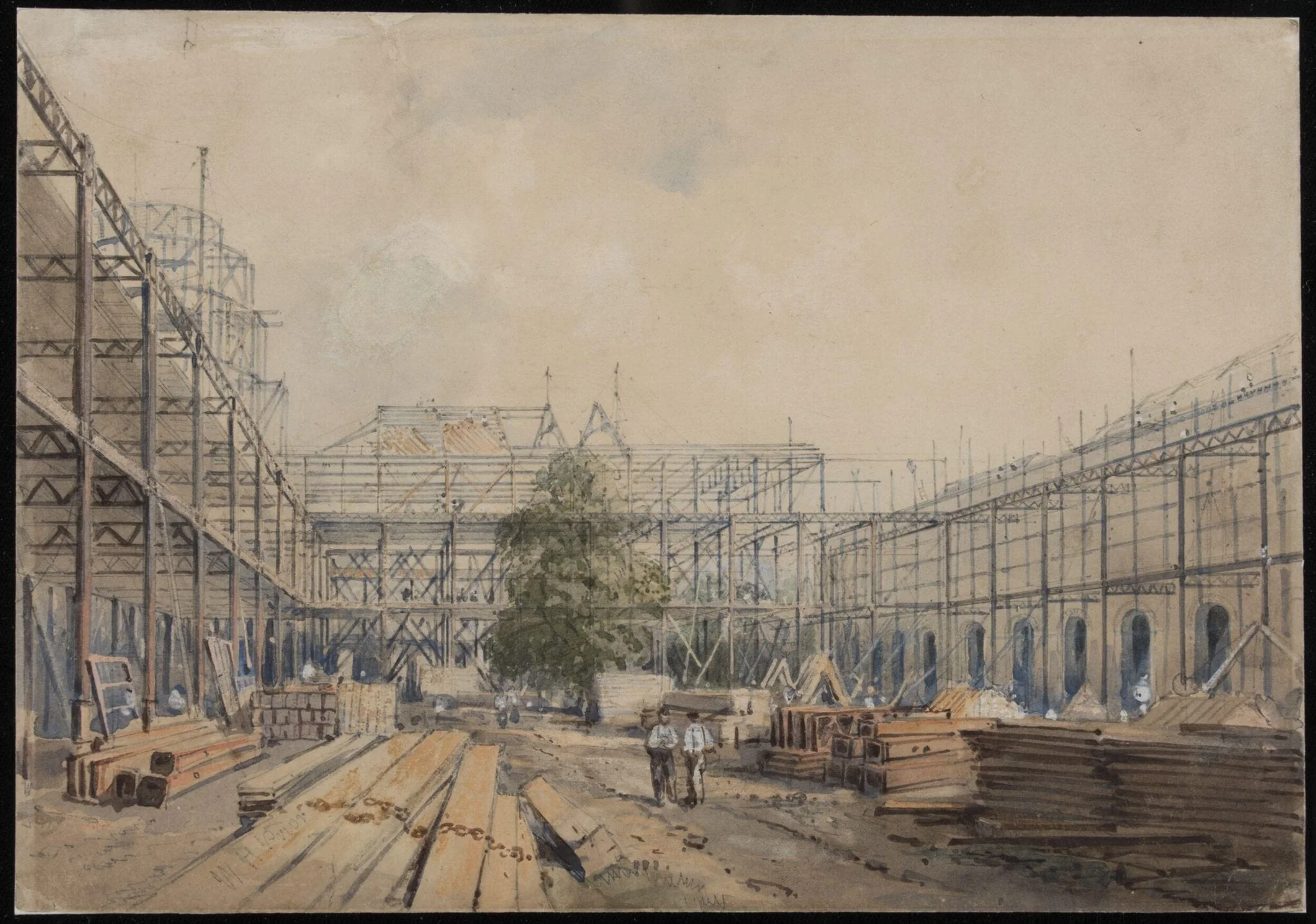 The South Court during the construction in September 1861 of the building for the International Exhibition, South Kensington, by William Henry Prior, 1862