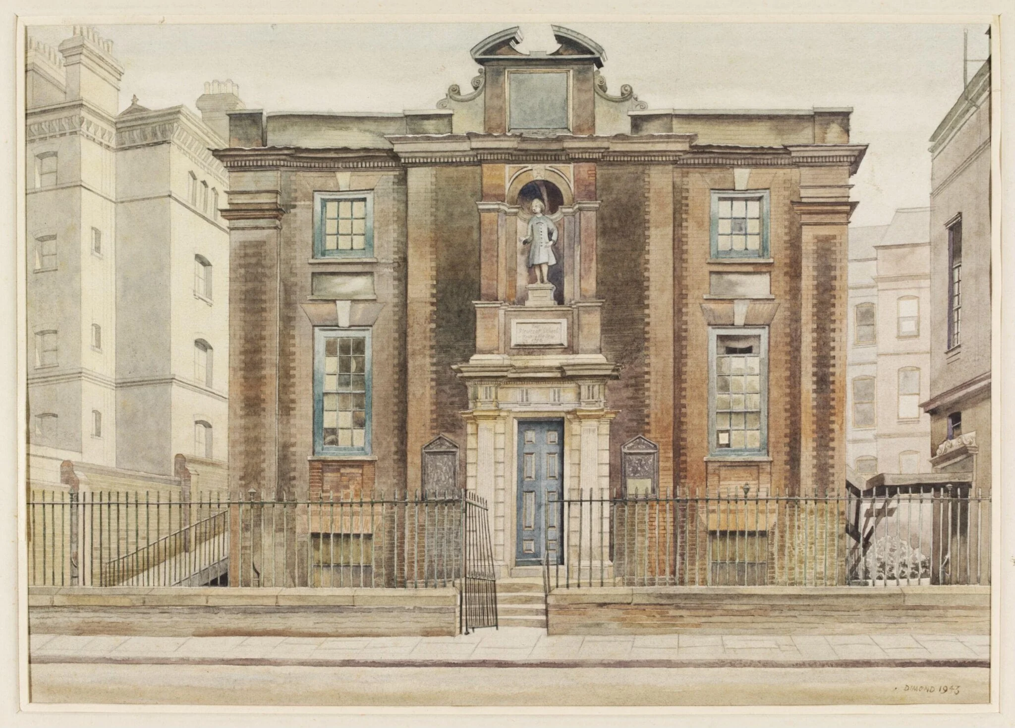 Bluecoat School, Caxton Street, Westminster, by Phyllis Dimond, watercolor, 1943