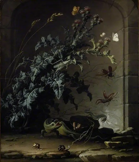Stone niche with thistle, lizard and insects