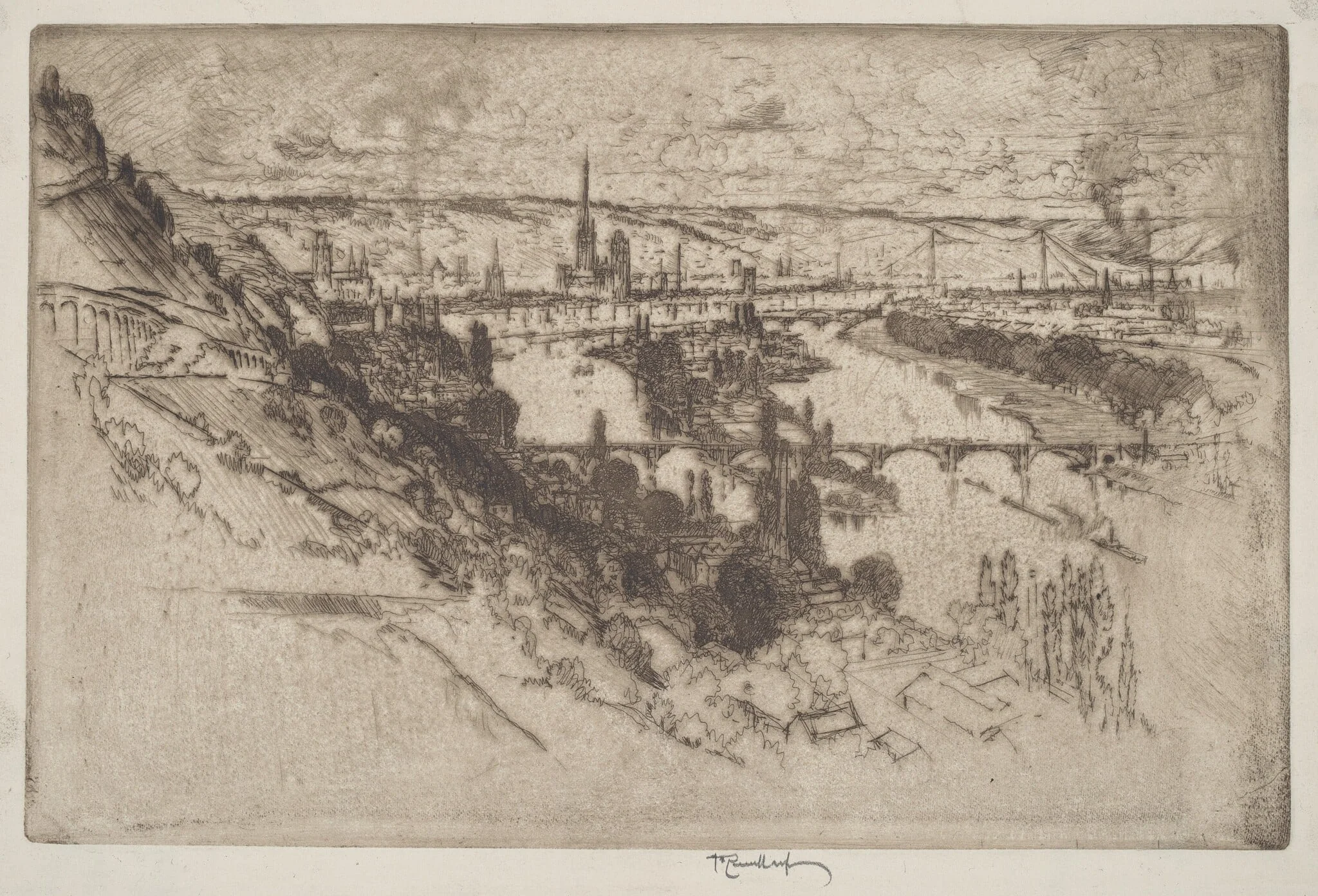 Rouen, from Bon Secours, by Joseph Pennell, ink, 1907