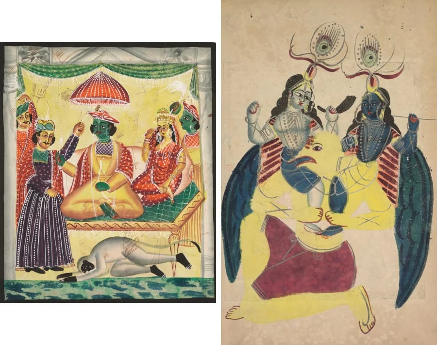 Leaf from a Kalighat album: Rama and Sita enthroned (recto); Garuda carrying Balarama and Krishna (verso), by Unknown, unspecified, 1890