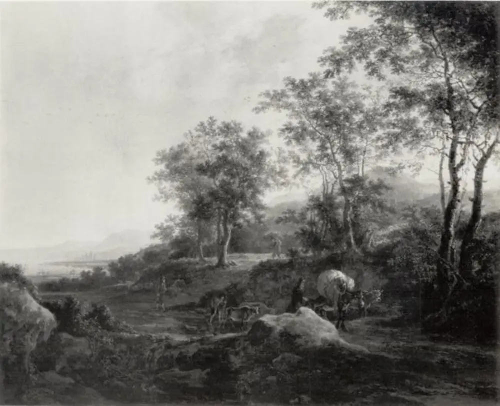 Southern landscape with travellers on a flooded track