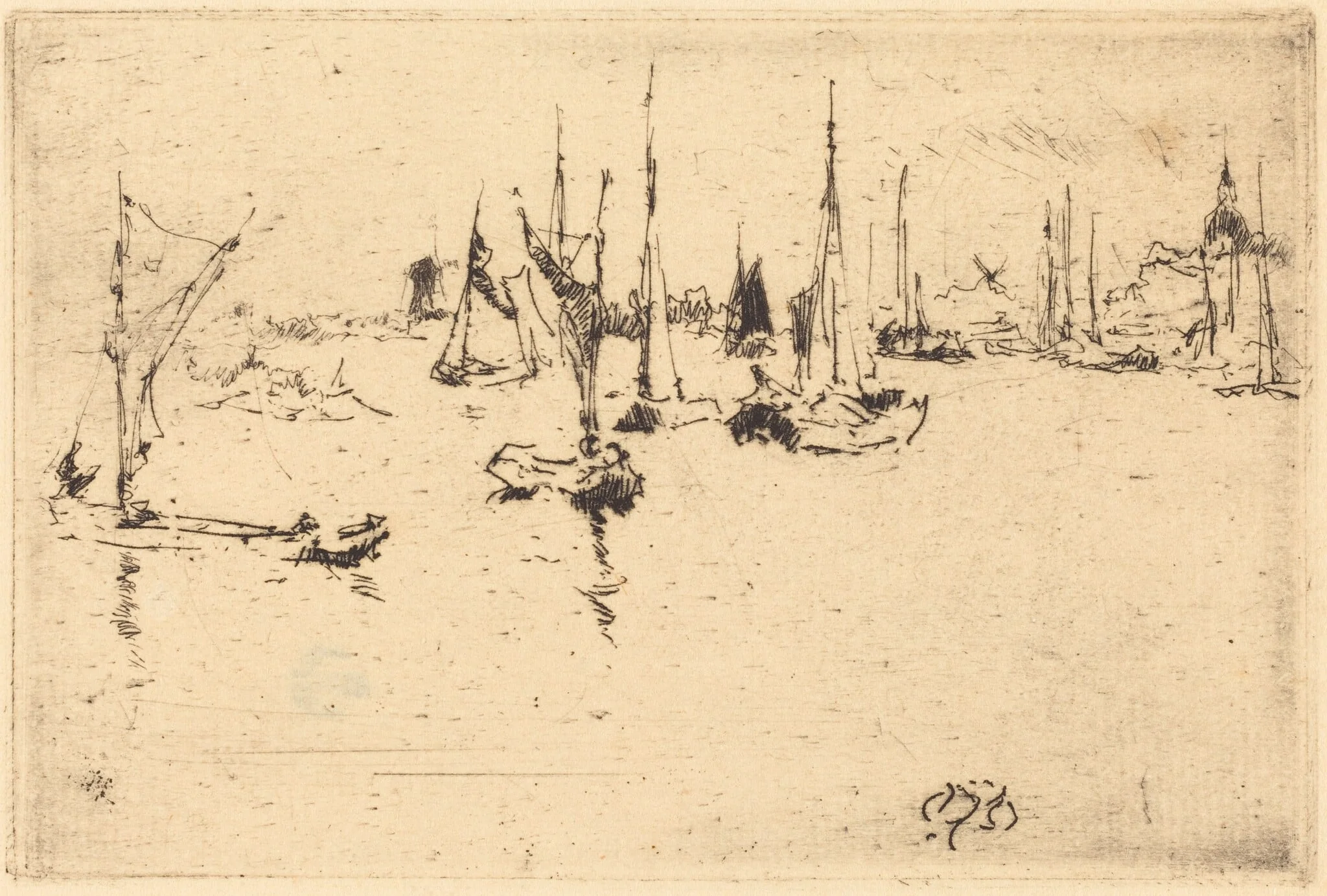 Boats, Dordrecht, by James McNeill Whistler, ink, 1884