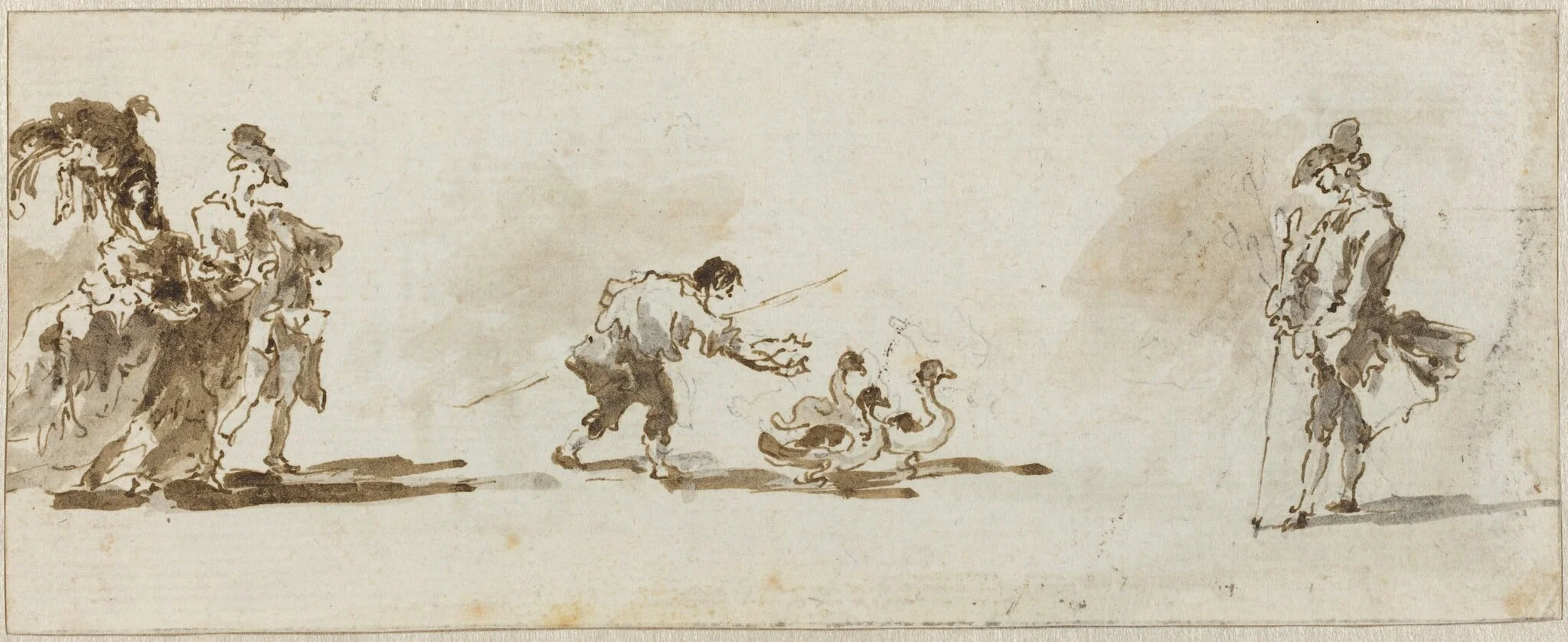 An Elegant Couple, a Gooseboy, and a Gentleman [recto], by Francesco Guardi, ink, 1780