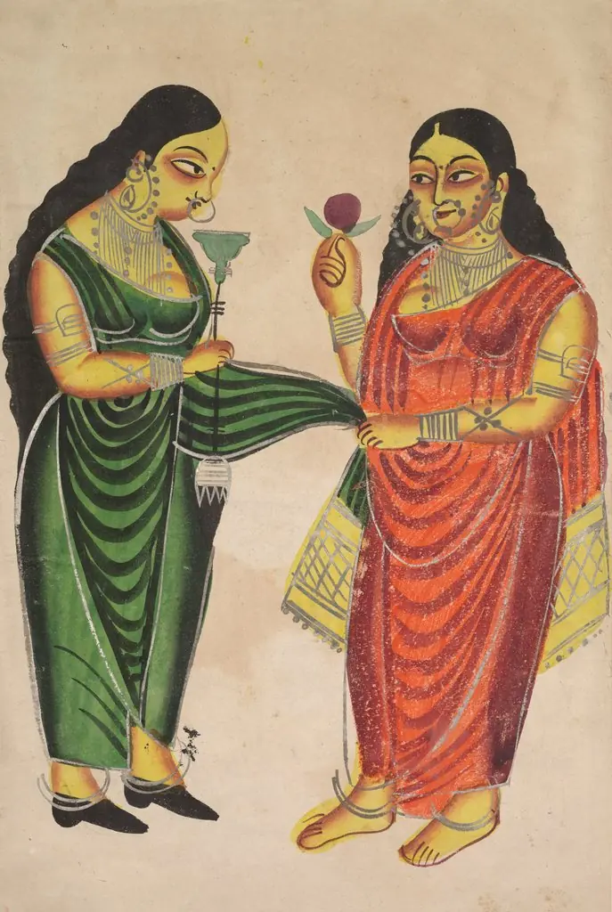 Leaf from a Kalighat album: Maid bringing a hookah to a lady (recto); Krishna weighed against precious objects(?) (verso)