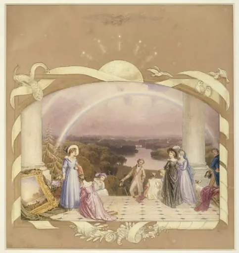 Figures admiring a painting on the terrace at Richmond