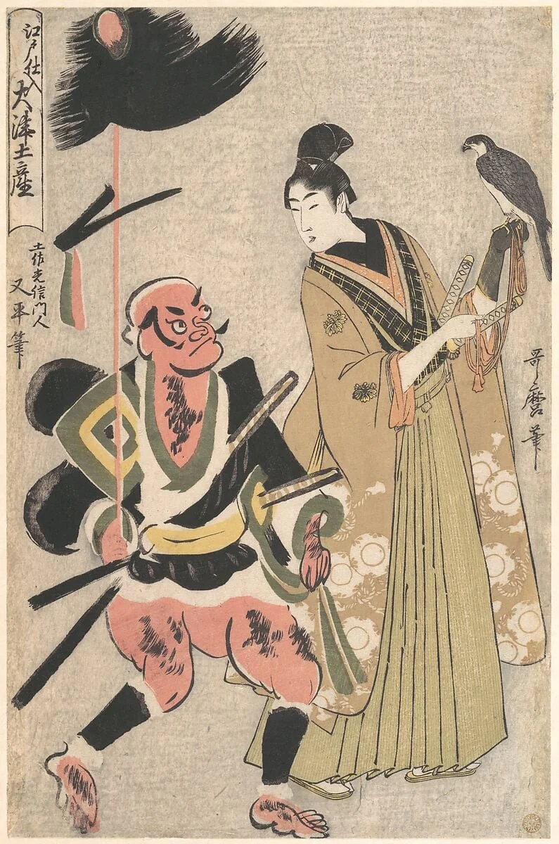 江戸仕入大津土産　槍持奴　鷹匠|Souvenir Paintings from Ōtsu, Stocked in Edo (Edo shi-ire Ōtsu miyage) Foot-soldier with a Spear and Hawk-handler (Yari mochi yakko to taka shō), by Kitagawa Utamaro, ink, 1802